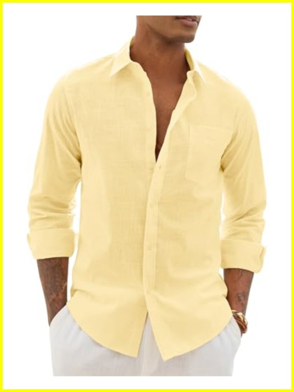 Mens Cotton Linen Button Down Shirt Long Sleeve Lightweight Summer